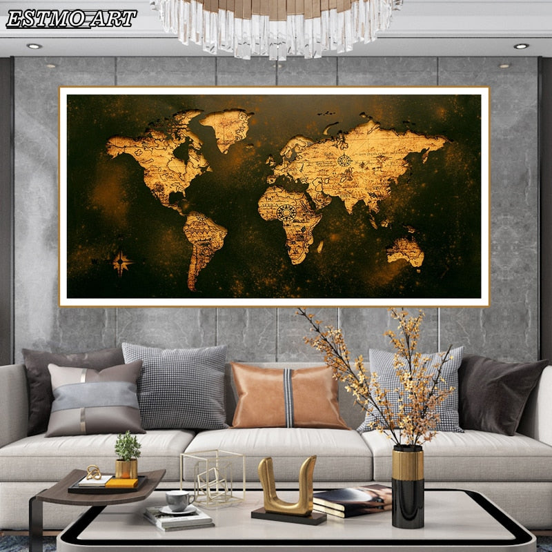 Canvas Painting Abstract Golden World Map Posters
